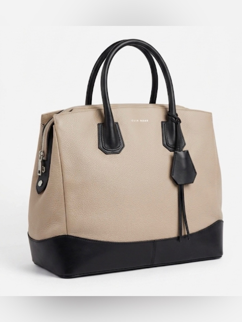 Cuir Rose Italian Leather Satchel - Beige & Black - Made in Italy